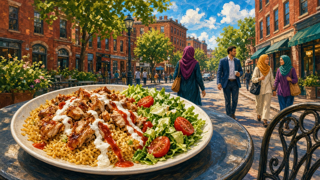 Painterly illustration of a chicken and rice plate with salad on a cafe table along a sunny downtown brick street