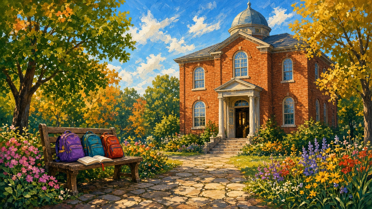 A brick schoolhouse with a small dome, autumn trees, blue sky and backpacks on a bench
