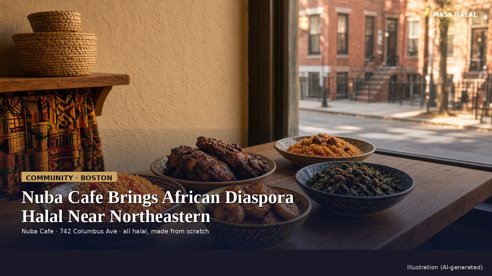 Illustration of African and Caribbean dishes in a cafe