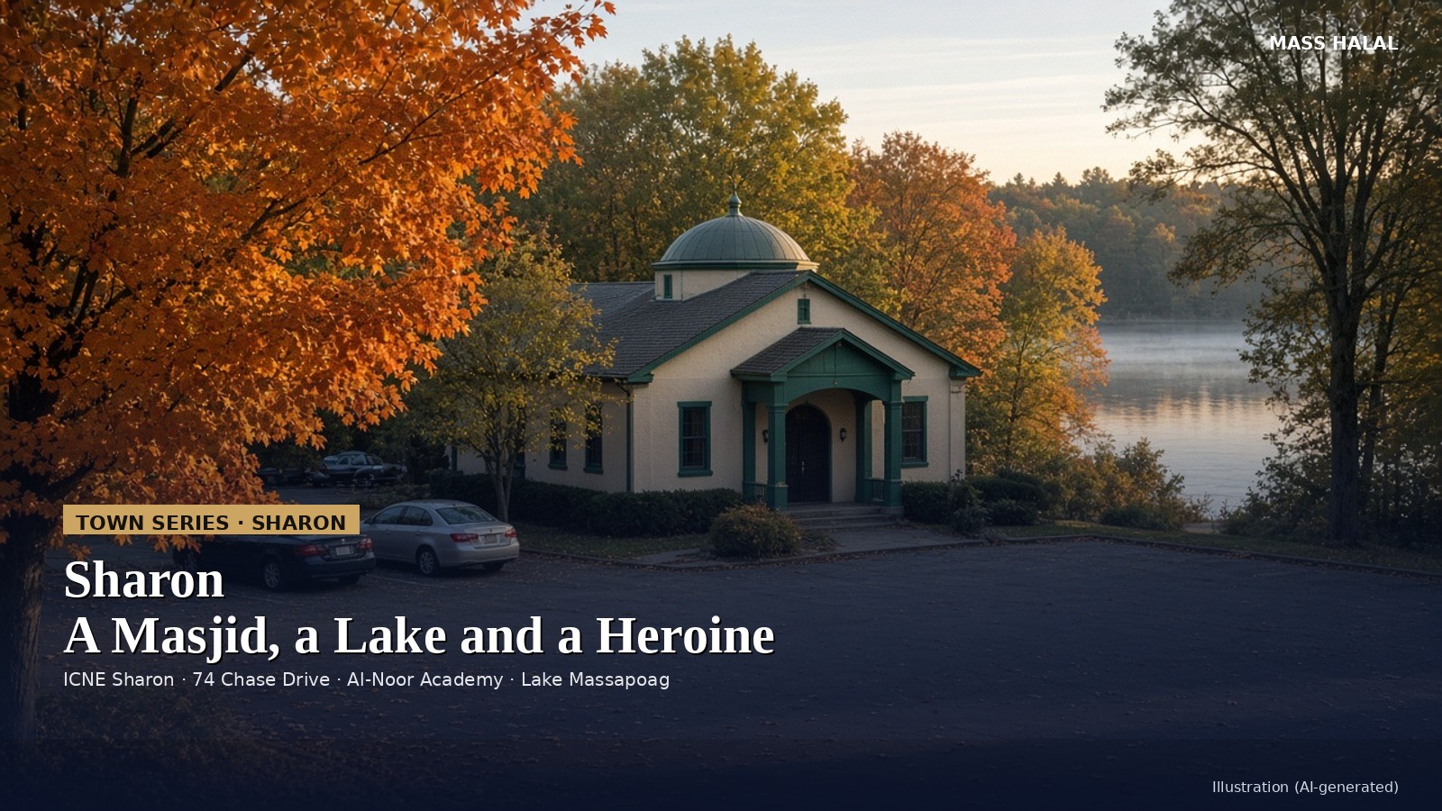 Illustration of a small mosque among autumn maples beside a lake in a New England town.