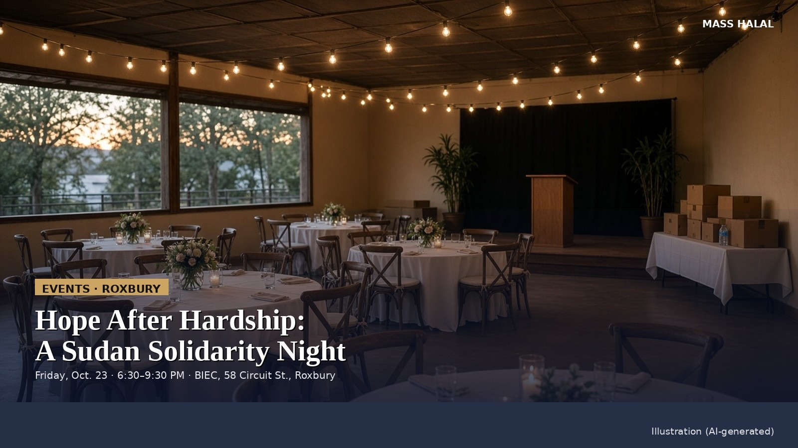 Community hall set for a solidarity dinner (AI illustration)
