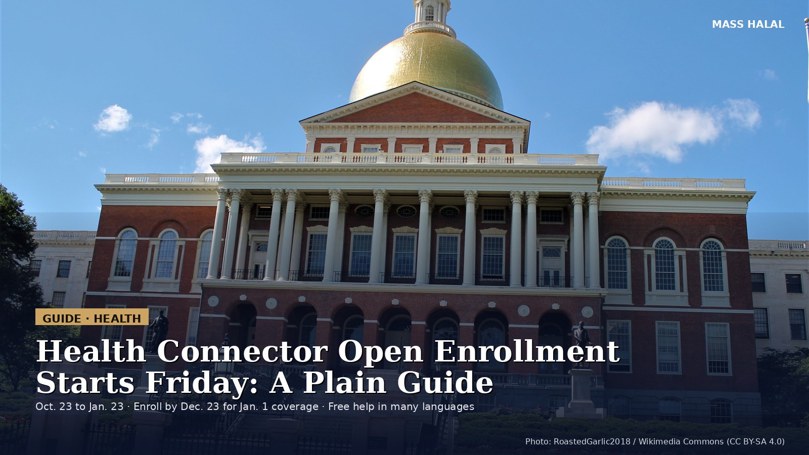 The Massachusetts State House in Boston, a red brick building with white columns and a gold dome, under a blue summer sky
