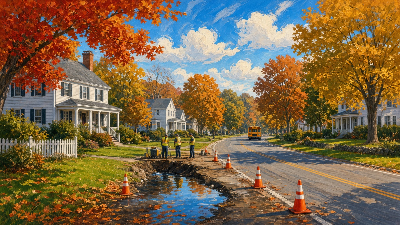 Painted illustration of a fall Andover street with a water main repair crew