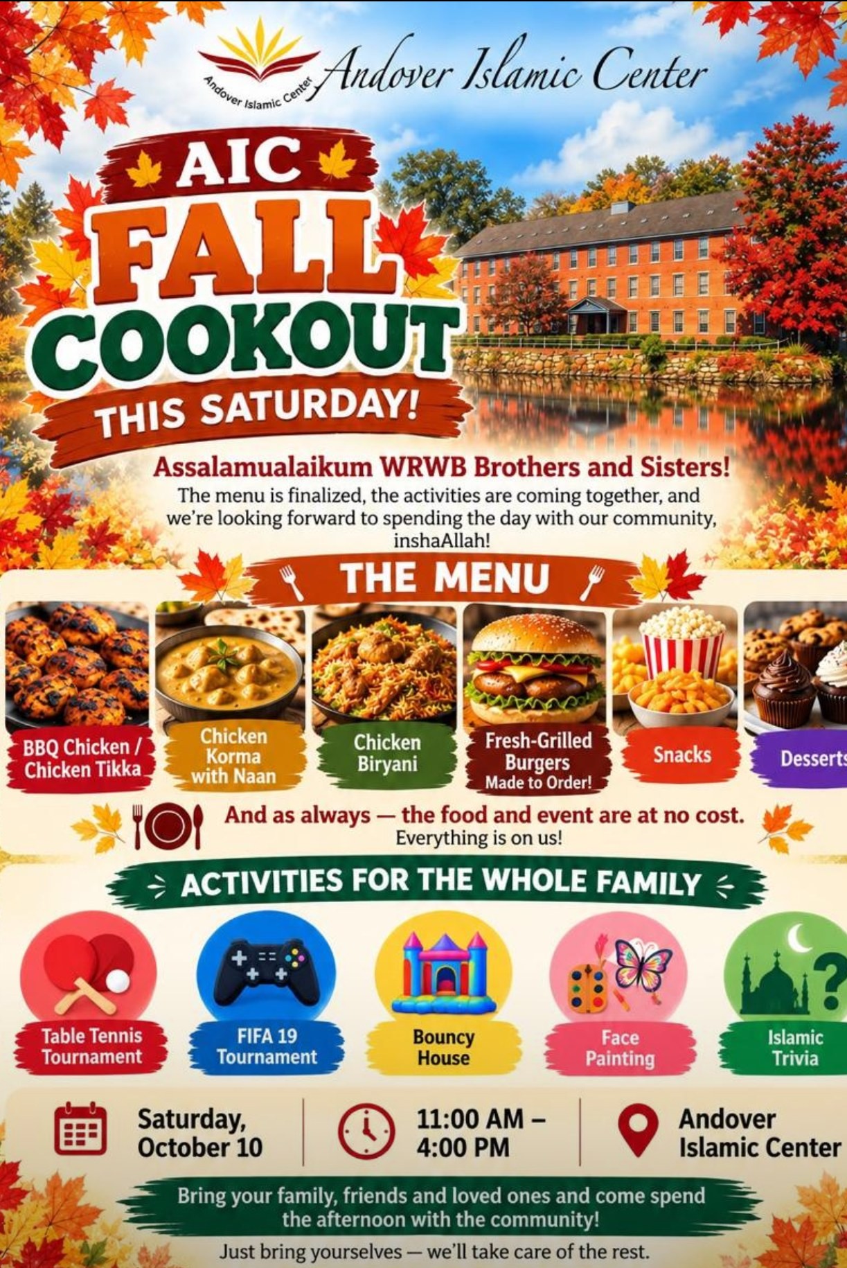 AIC Fall Cookout flyer, Andover Islamic Center.