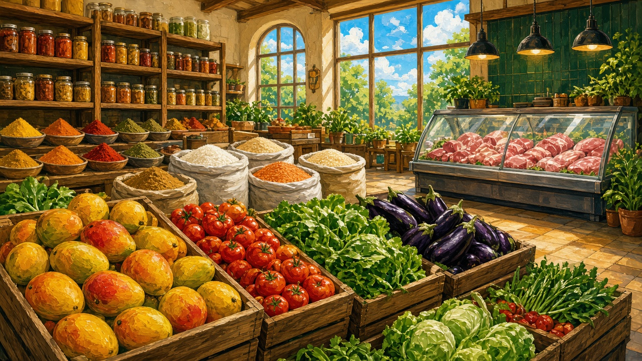 Painted illustration of a bright international grocery with produce, spices and a halal meat counter