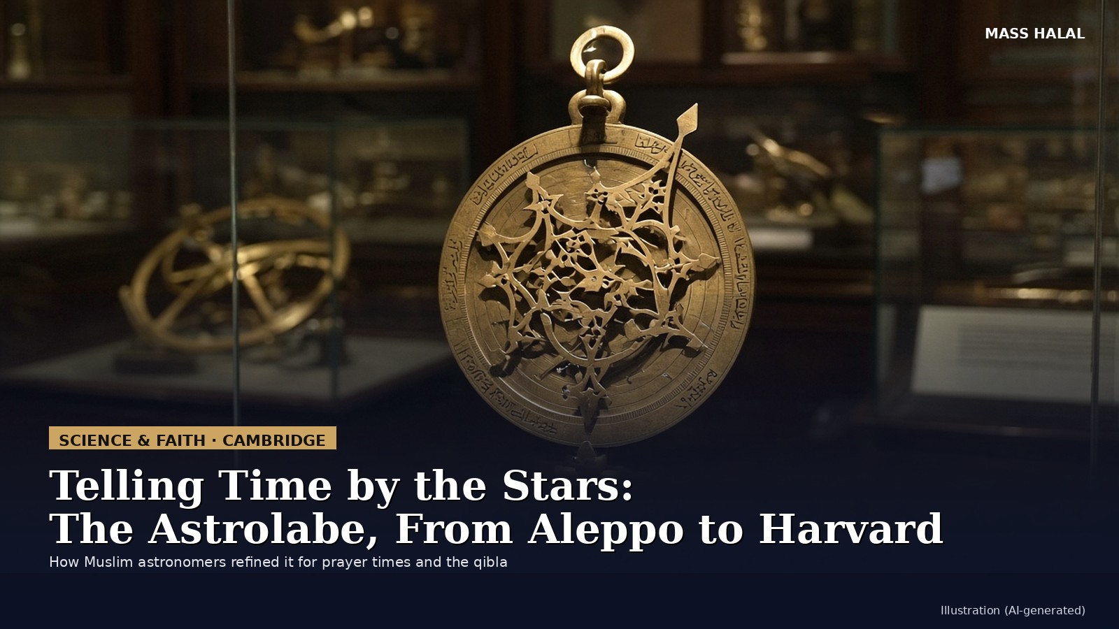 An antique brass astrolabe with a pierced star map and Arabic-script engraving, displayed in a museum glass case under warm light (AI-generated illustration)