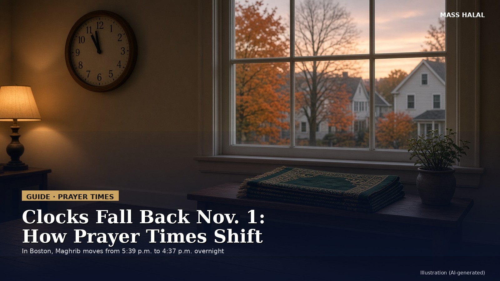 A wall clock and a folded green prayer rug on a wooden bench beside a window at dusk, with autumn trees and New England houses outside (AI-generated illustration)