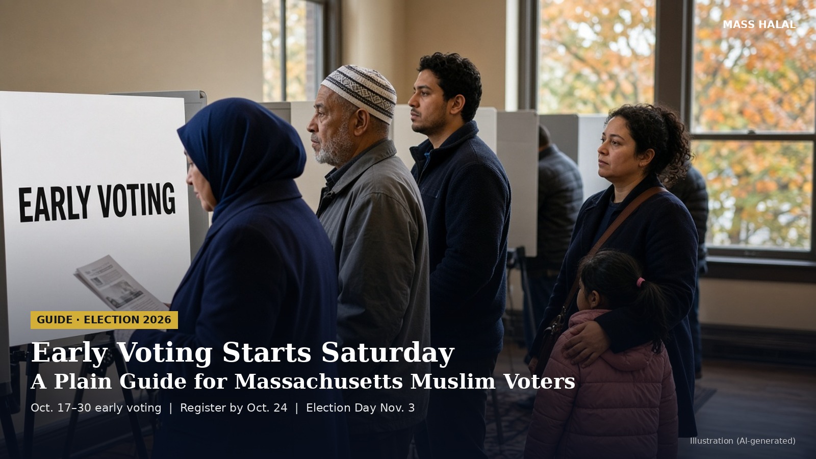 Illustration of Muslim voters waiting in line at an early voting site in Massachusetts.