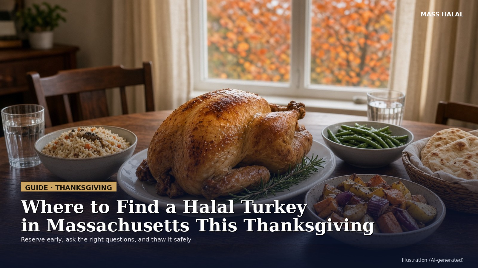 A whole roasted turkey on a white platter on a wooden dining table, with rice, roasted vegetables, green beans and a basket of flatbread on the side, and orange fall leaves outside the window