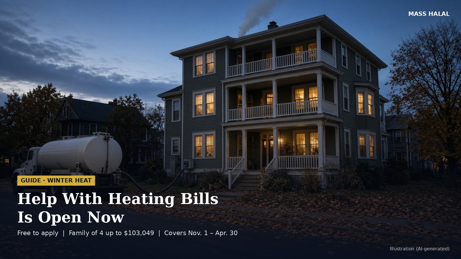 Illustration of a Massachusetts triple-decker at dusk with a heating oil truck at the curb.
