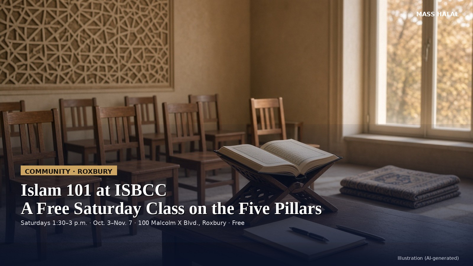 Illustration of a mosque classroom with wooden chairs and a Qur'an on a stand.