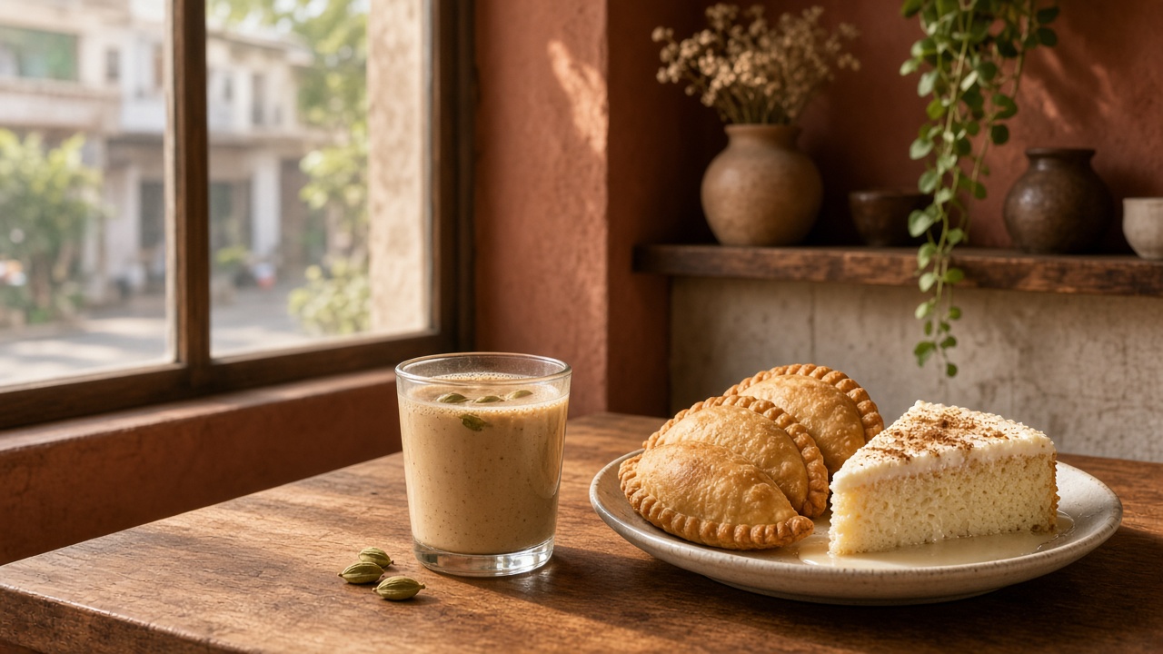 Illustration of a glass of Yemeni chai with empanadas and tres leches cake on a café table