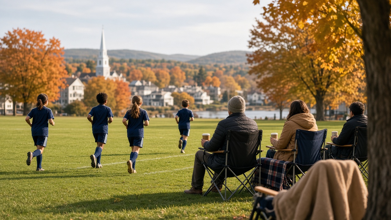Kids playing youth soccer on a fall morning in a Massachusetts town.