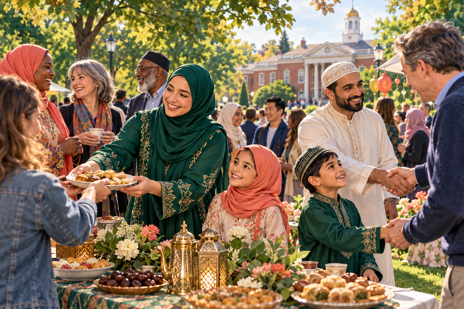 AI-generated illustration of Muslim families sharing food and greeting neighbors at an imagined Eid gathering.