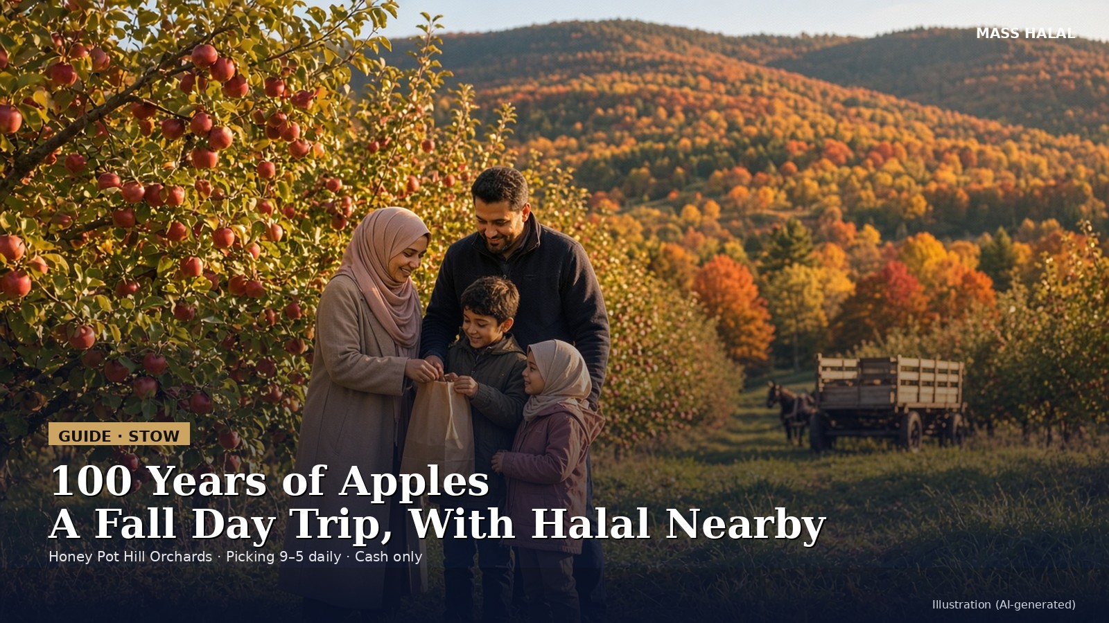 Illustration (AI-generated): apple orchard on a fall hillside in Stow, Massachusetts