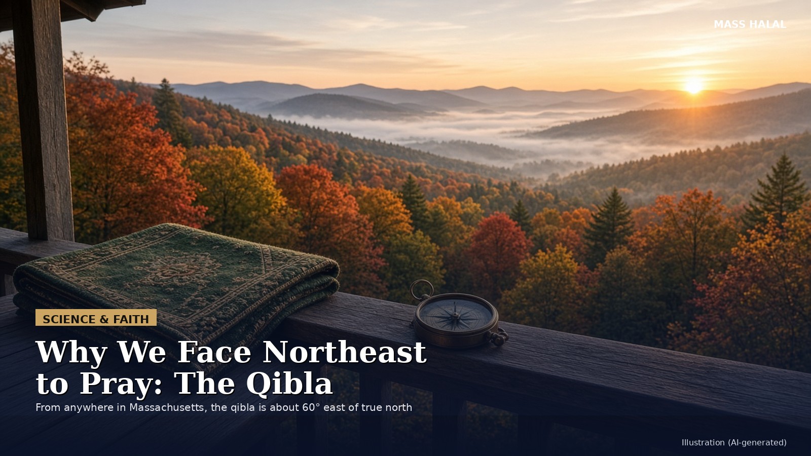 A compass and globe showing the northeast qibla direction from Massachusetts toward Mecca