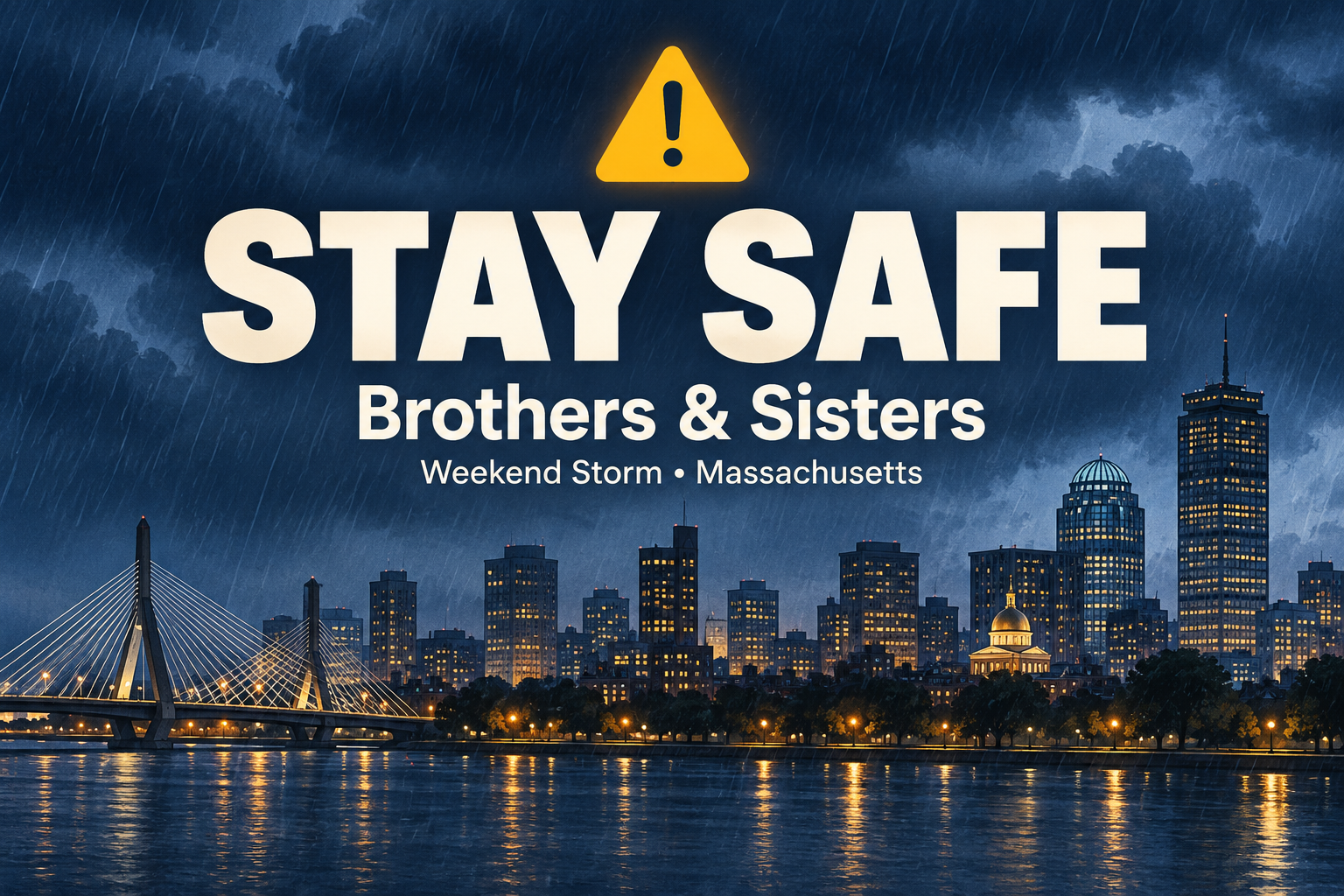 Illustrated rainy Boston skyline with a warning symbol and the words Stay Safe, Brothers & Sisters.
