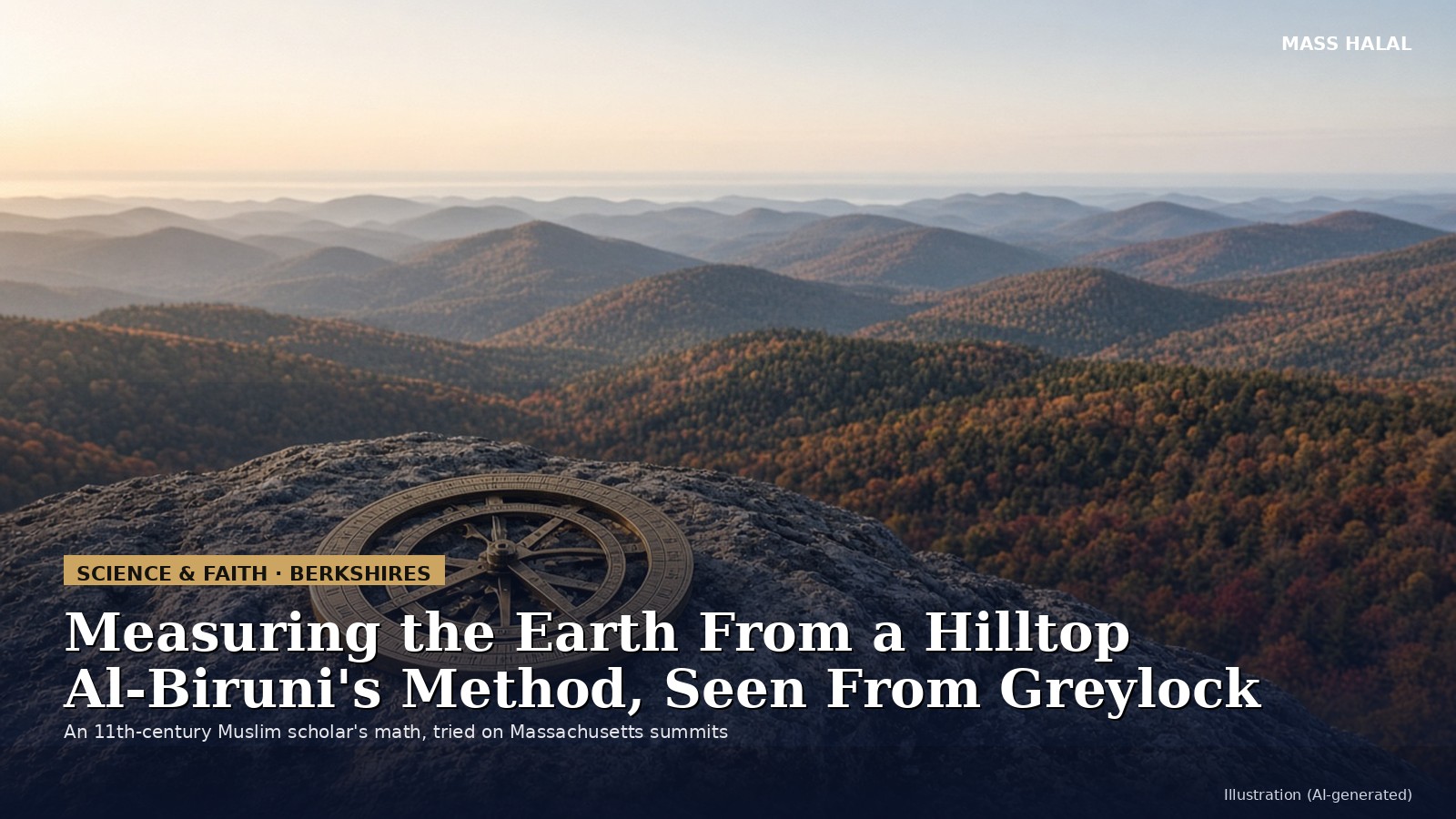 A brass astrolabe resting on a granite boulder on a mountain summit at golden hour, with layers of fall-colored ridges stretching to a hazy horizon (AI-generated illustration).