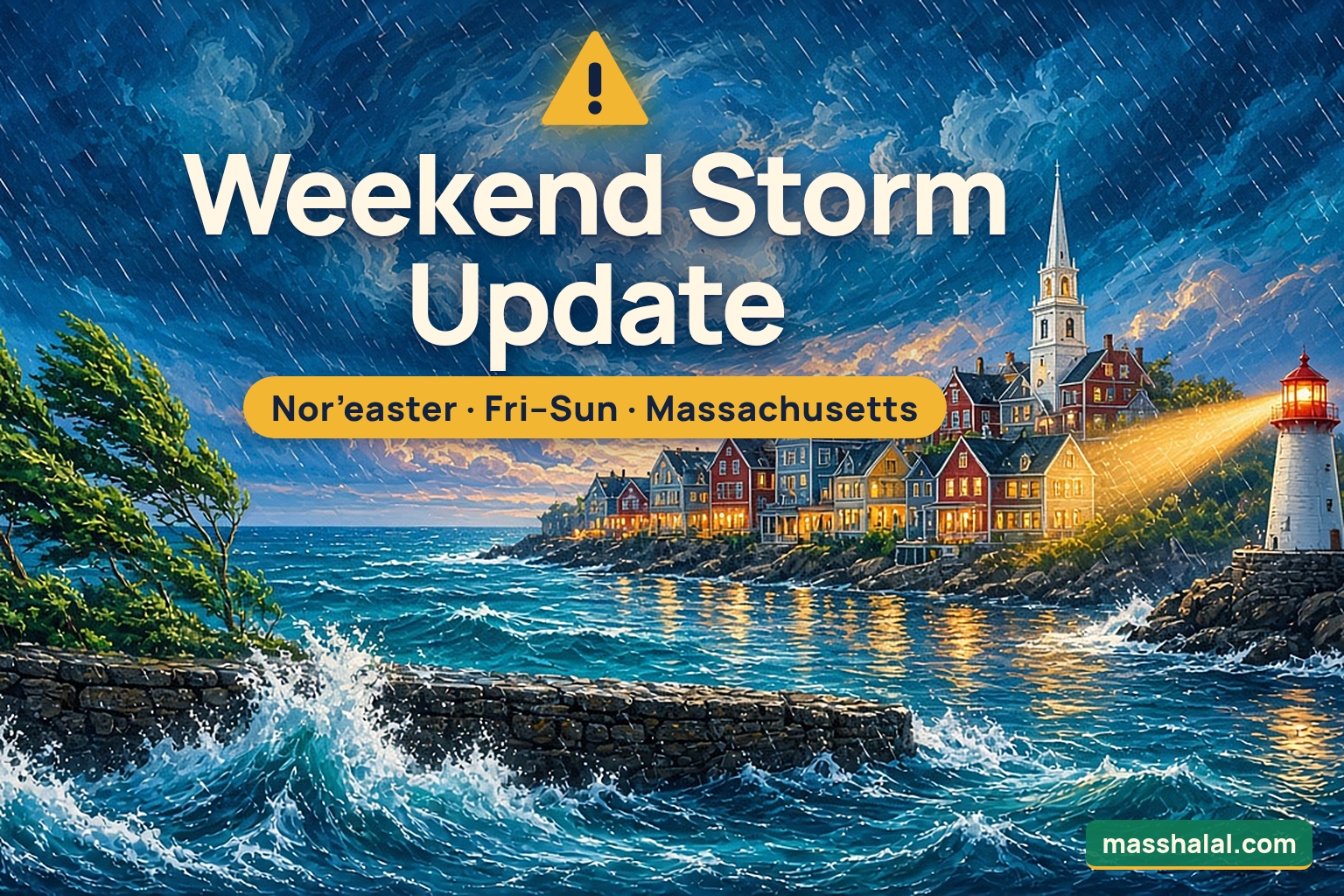 Painted illustration of a New England harbor town in a nor'easter with the title Weekend Storm Update