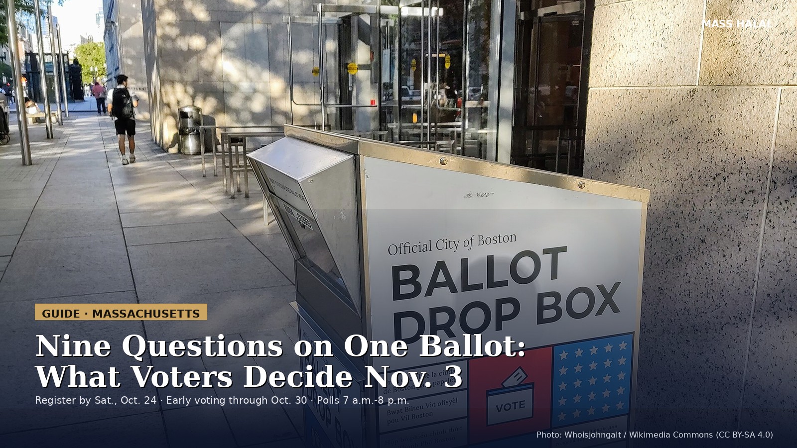 An official City of Boston ballot drop box with a multilingual voting sign stands on a sunny downtown sidewalk
