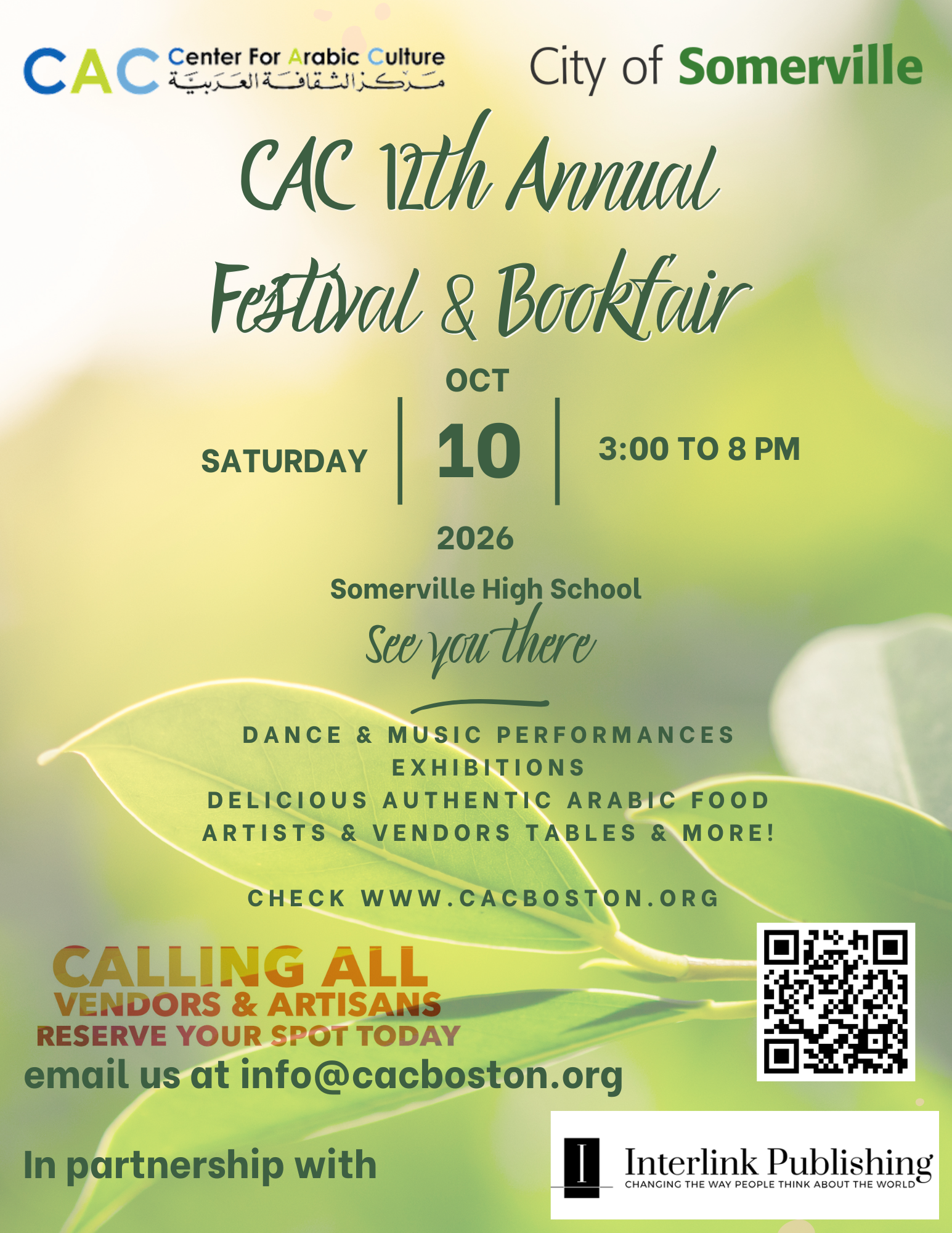 Flyer for the Center for Arabic Culture 12th Annual Festival & Bookfair, Saturday Oct 10, 2026, Somerville High School