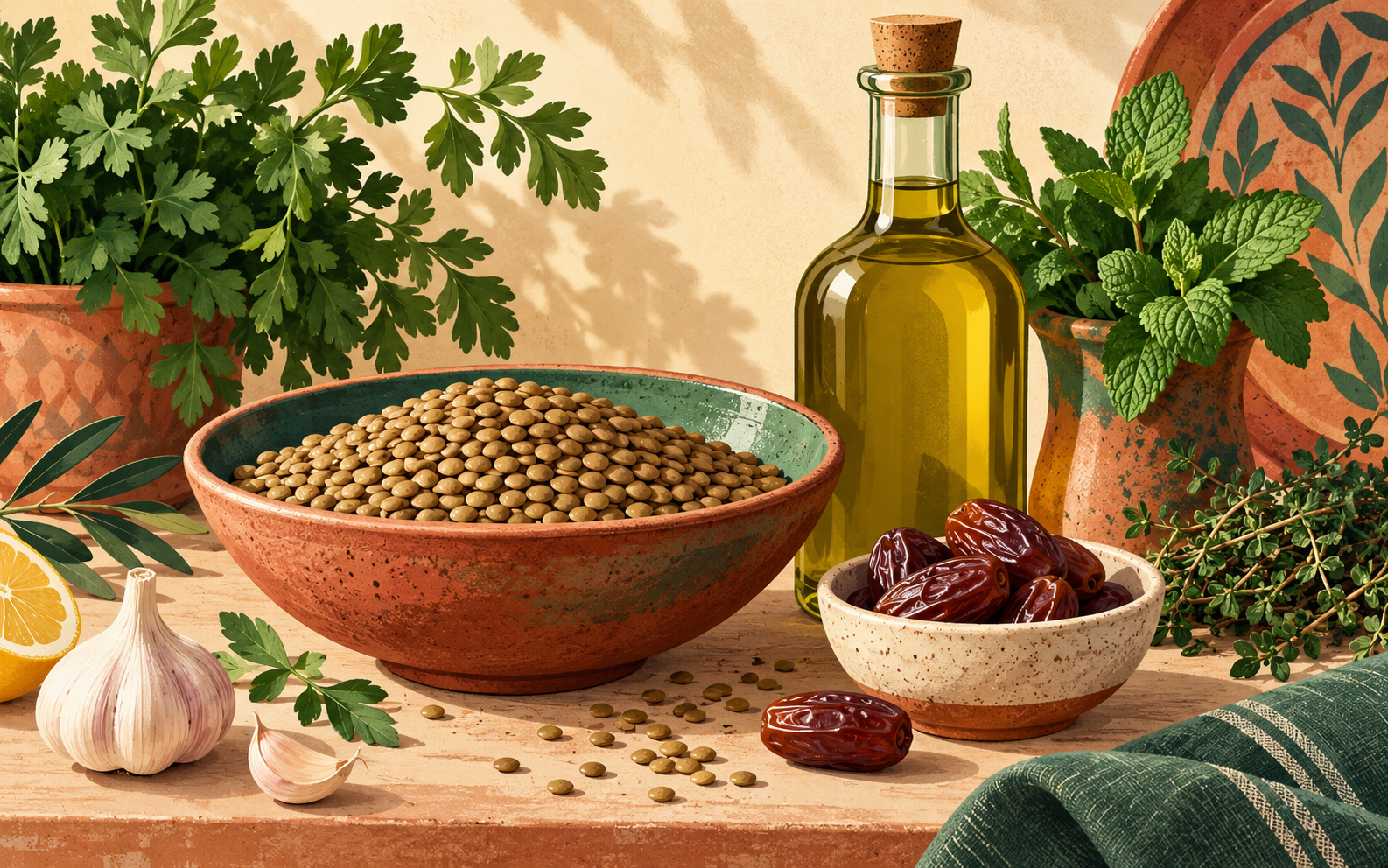 Grocery illustration of lentils, olive oil, dates and herbs