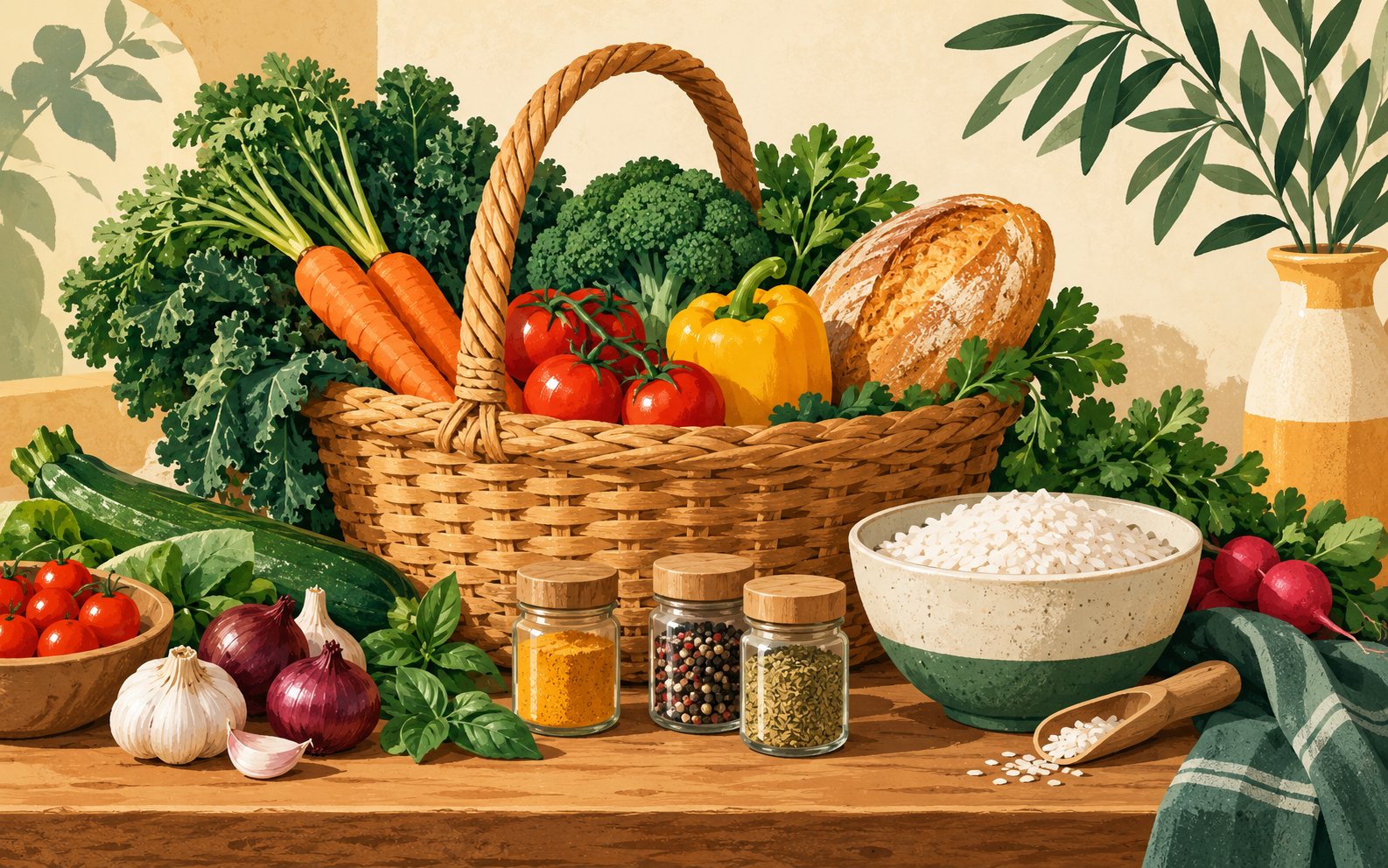 Grocery illustration of a basket with vegetables, bread, rice and spices